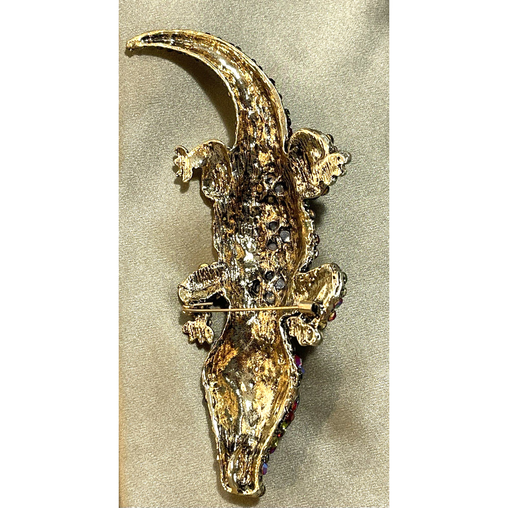 NWOT HUGE Alligator Brooch Pin Gold Tone Rhinestone Unisex Lapel Shoulder Jacket - Picture 3 of 4